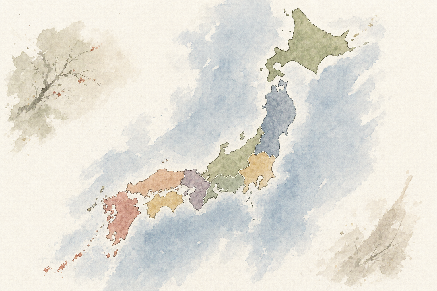 Watercolor map of Japan with its eight regions